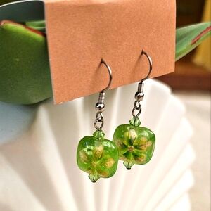 Green Glass Floral Drop Earrings